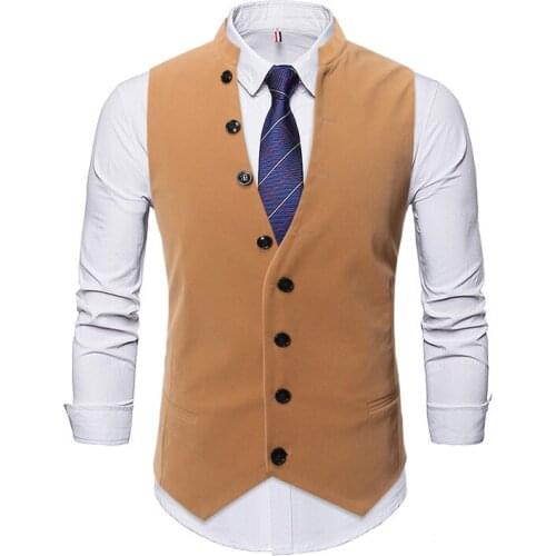 Mens Button Decoration Mandarin Collar Vest 2020 Brand New Single Breasted Sleeveless Waistcoat Slim Fit Business Formal Male
