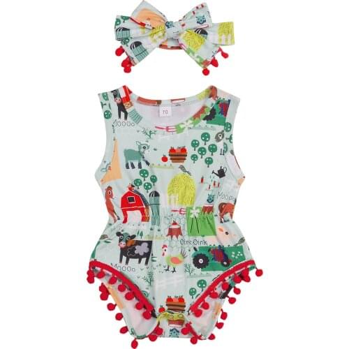 2021 0-24M Cute Baby Girl Romper Cartoon Animal Print Sleeveless Tassels Tunic Playsuit Jumpsuit+Headband Summer 2pcs