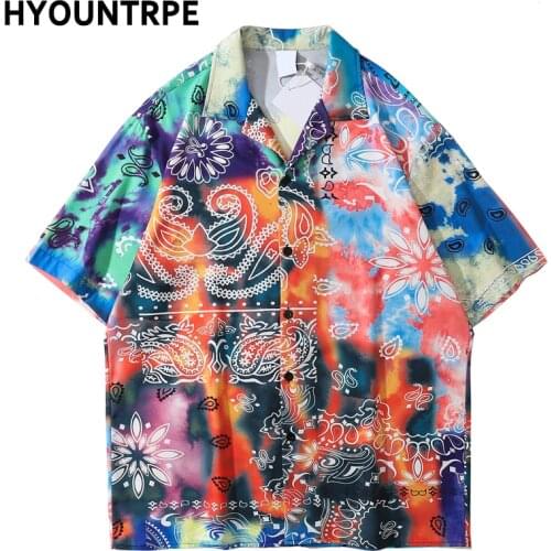 High Street Irregular Tie-dyed Printed Summer Beach Casual Loose Short Sleeve Retro Aloha Shirts Harajuku Streetwear Mens Shirts