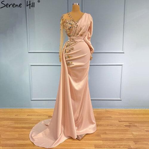 Serene Hill Peach Mermaid Satin Evening Dresses Gowns 2021 Elegant Beaded Overskirt For Women Party LA71344