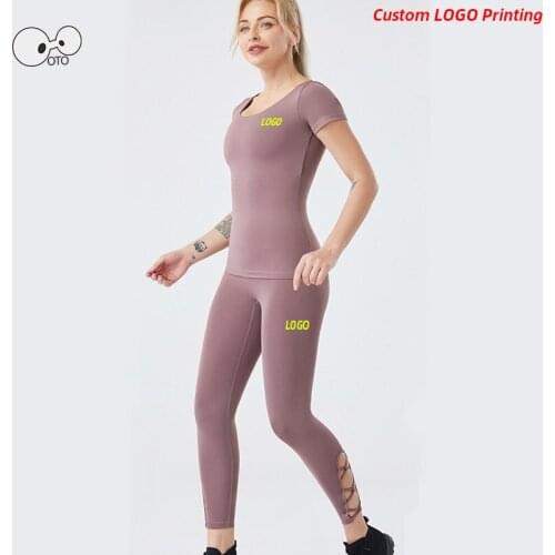 Quick Dry Short Sleeve Sports Suit Women Seamless Yoga Set Gym Leggings+Built In Bra T Shirts 2 Piece Workout Sportswear Custom