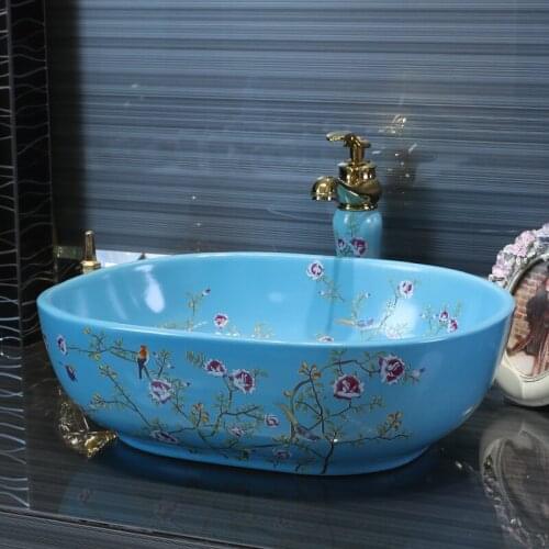 Art wash basin porcelain jingdezhen oval flower and bird ceramic wash basin bathroom sink