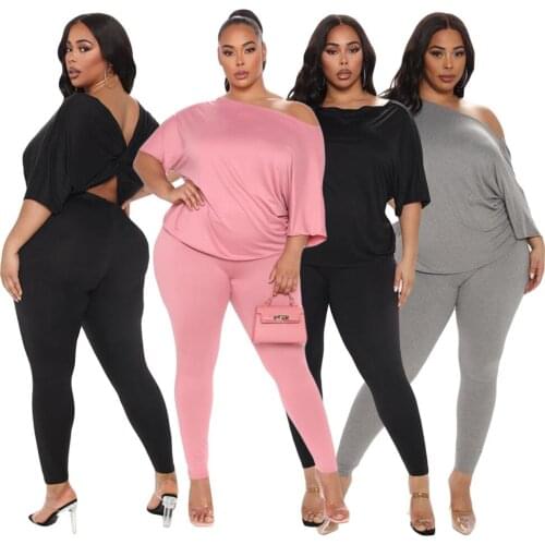 Zoctuo Solid Two 2 Piece Outfits Pants Set Club Party Wear For Women Sets Skew Collar Half Sleeve Tshirt And Legging Pants Suit