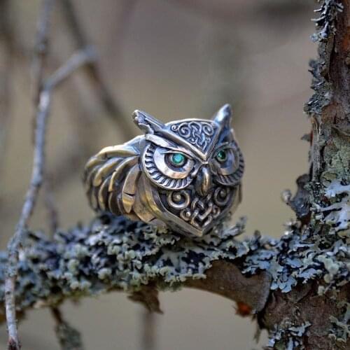 Personality 3D Animal Owl Ring Crystal Eyes for Women Men Unisex Punk Hip Hop Carved Pattern Statement Party Club Finger Ring