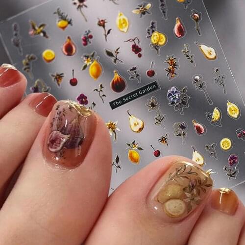 Lemon Cherry Figs 3D Adhesive Nail Art Stickers 5D Flowers Sweet Fruits Soft Embossed Reliefs Nail Decorations Decals Wholesale