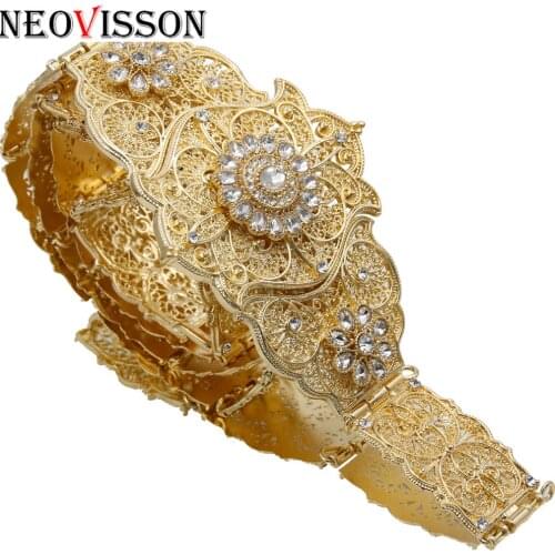 NEOVISSON Caucasus Women Metal Belt Full Crystal Traditional Wedding Jewelry 4 Color Adjustable Length Algeria Caftan Bijoux