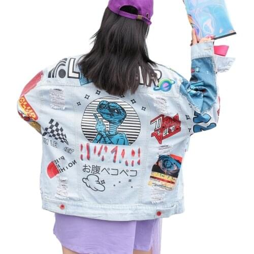 Fashion brand Little dinosaur graffiti print loose bf denim jacket women loose cowboy jacket free shipping