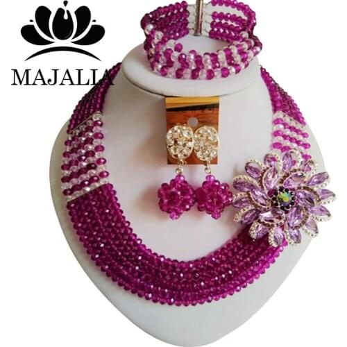 Trendy Nigeria Wedding Purple african beads jewelry set crystal necklace bracelet earrings Free shipping Majalia-129