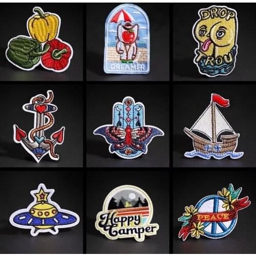 Music Guitar Patches for Clothing Sailboat Camera Embroidered Appliques Iron on Anchor Badges Stripes Stickers on Clothes