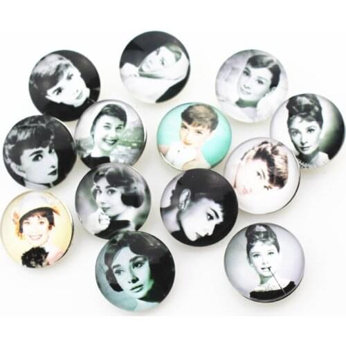 New Mix random 20pcs/lot glass Audrey Hepburn snap button charms fit 18mm ginger snaps bracelets necklace snap jewelry