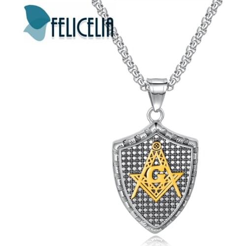 Felicelia Silver Black Gold Color Stainless Steel Shield Pendant Necklace For Men Masonic Symbol Necklace Unique Jewelry Gift