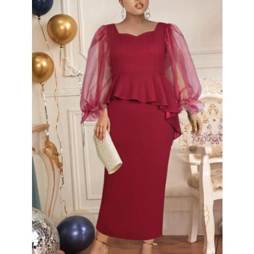 Women Plus Size Dress 4XL Burgundy See Through Long Sleeve Ruffles Bodycon Midi Summer Office Evening Party Event Occasion Robes