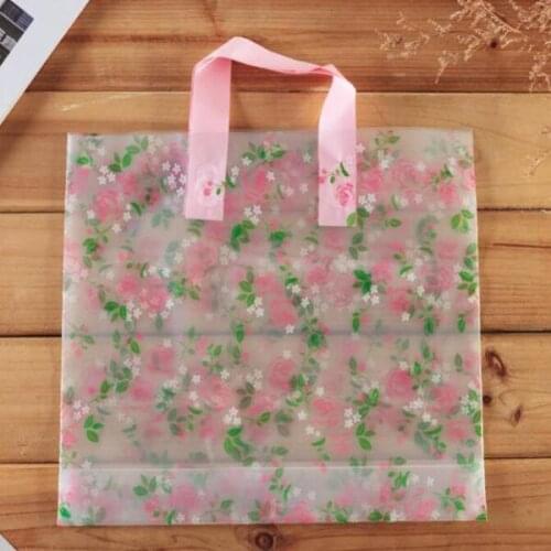 Clear Plastic Shopping Carrier Bags with Handle Gift Boutique Packaging Floral Rose Printed Large Cute 5 Sizes