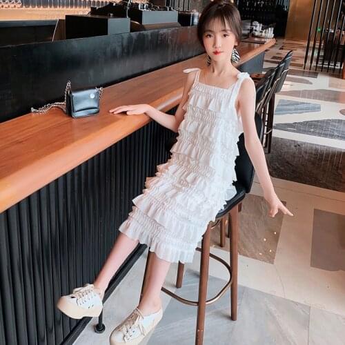 Teen Girls Chiffon Dresses Summer 2021 New French Vintage Black White Color Multi Layer Cake Dresses Straight Loose Kids Costume
