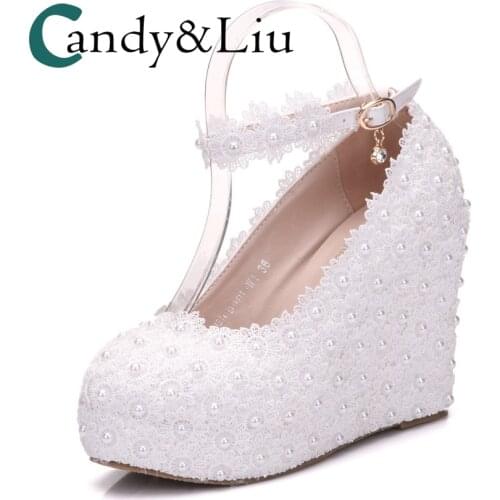 Lace Wedding Shoes Pearl Bead Super High Heel Wedge Pumps Ankle Strap Handmade Women Shoes for Party Banquet Evening Dress