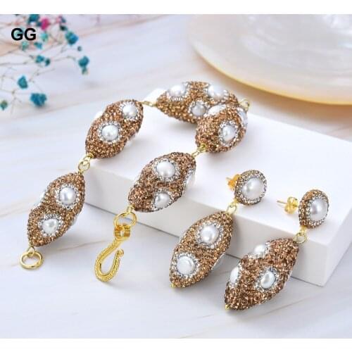GuaiGuai Jewelry Cultured White Keshi Pearl Yellow Golden CZ Plated Oval Nugget Beads Bracelet Earrings Sets For Lady Women