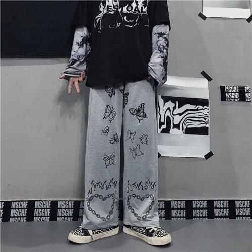 Harajuku Butterfly Print Trousers Women Loose Casual Korean Style High Waist Pants 2021 Summer Fashion Vintage Wide Leg Pants