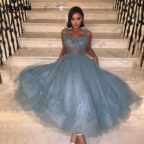 Booma Simple Grey Lace Prom Dresses Sweetheart Ankle-Length A-Line Party Dresses Spaghetti Straps Exposed Boning Formal Gowns