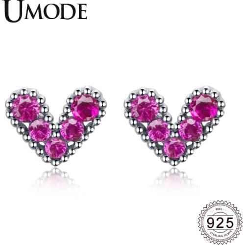 UMODE Designer Tiny Heart s925 Stud Earrings Women Luxury 925 Sterling Silver Earrings Trendy Zircon Ruby Rose Jewelry LE0617
