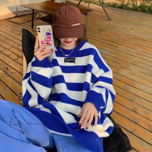 Women autumn 2021 new jumper sweater sweater women autumn winter lazy loose stripe Korean academy coat