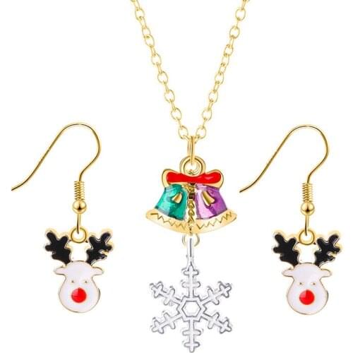 12pcs/lot New Fashion Party Christmas Antler Earrings Christmas Bell Snowflake Necklace Jewelry Sets