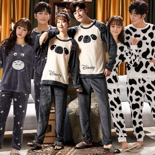 2021 Winter Couple Cute Cartoon Thick Warm Flannel Pajama Sets for Men Long Sleeve Coral Velvet Sleepwear Women Homewear Clothes