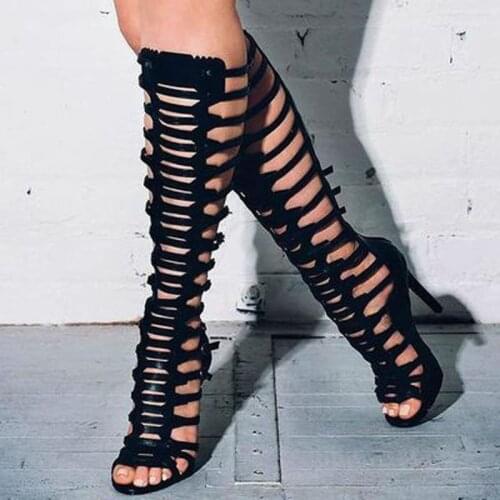 Summer Sexy Women Crossed Leather Strappy Knee High Boots Hollow out Peep toe Thin High Heels Gladiator Women Long Sandals Boots
