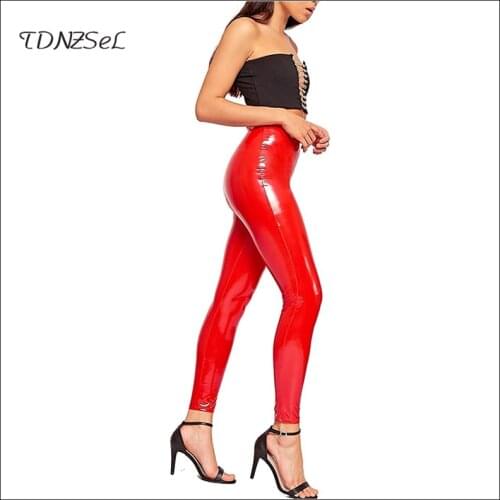 Autumn Sexy Red Latex Leather Pencil Pants Women High Waist Black Skinny Trousers Office Lady Stretch Seamless Legging Custom