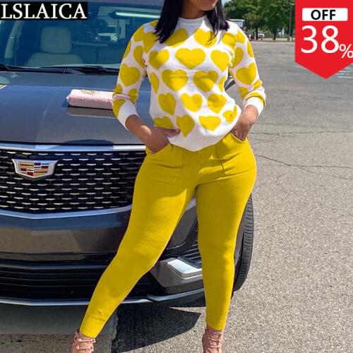 Sets Womens Outfits Heart-shaped Print Long Sleeve Tops Solid Woman Pants Two Piece Set Casual Fashion Winter Clothes Women