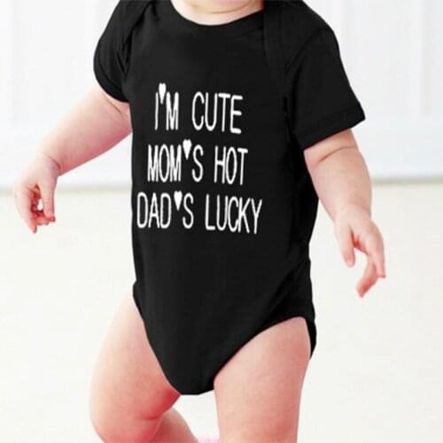 Summer Toddler Baby Girl Letter I'm Cute Moms Hot Dads Lucky Print Romper Short Sleeve Boy Jumpsuit Playsuit Kid Casual Outwear