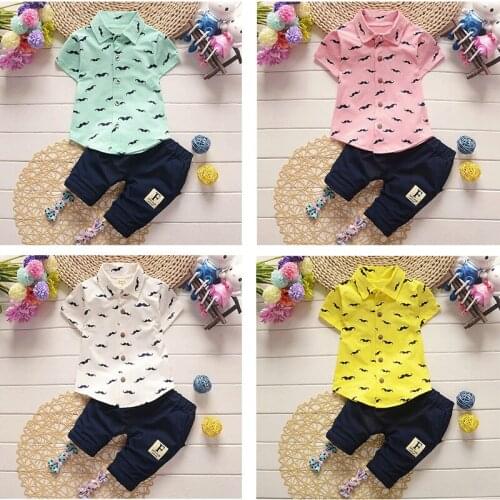 2019 summer outfits for baby boy / Mustache blouse + black shorts / Pink and Mint and Yellow and white colors available