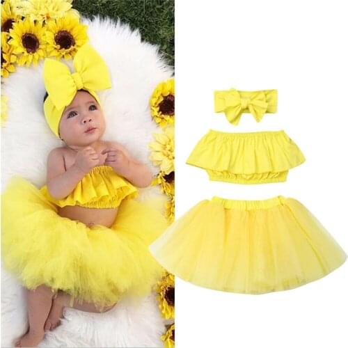 Summer Newborn Baby Girl Clothes Cute Solid Off-Shoulder Crop Tops+Tulle Lace Skirt+Headband 3pcs Outfit Summer Dress set