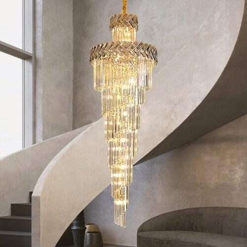 Chandelier in the Hall Living Room Top Long Smoky Gray Crystal Lamps Gold Staircase Lighting Illuminator