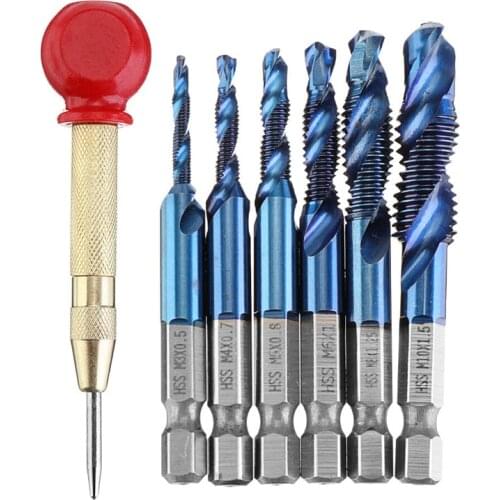 JUSTINLAU 7pcs M3-M10 Combination Drill Tap Bit Set HSS Blue Nano Deburr Countersink Bits with Automatic Center Pin Punch