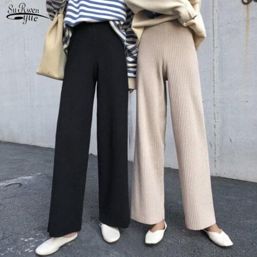Autumn 2020 New Knitted Wide Leg Pants Women Drawstring Loose Black Winter Pants Women High Waist Casual Female Trousers 12322