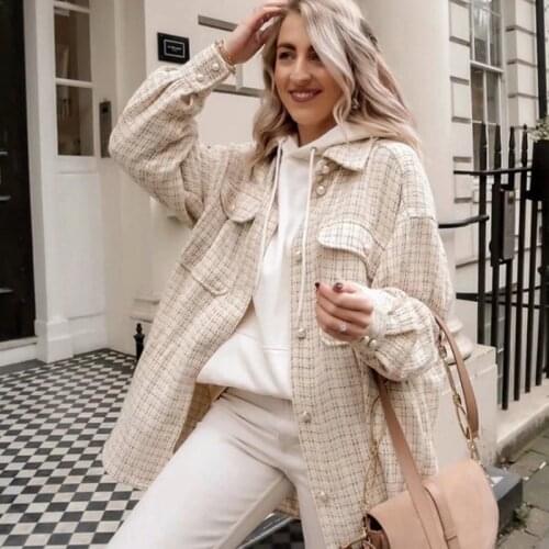 Women New Check Coat Casual Turn-down Collar Long Sleeve Buttons Loose Shirt Tops Female Elegant Warm Outwear Ladies Autumn 2020