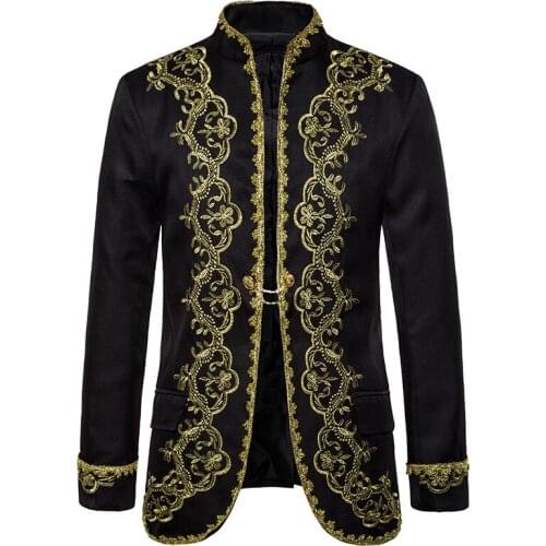 Mens Black Single Button Embroidery Suit Jacket Brand Stand Collar Slim Fit Wedding Groom Blazer Men Stage Singer Costume Homme