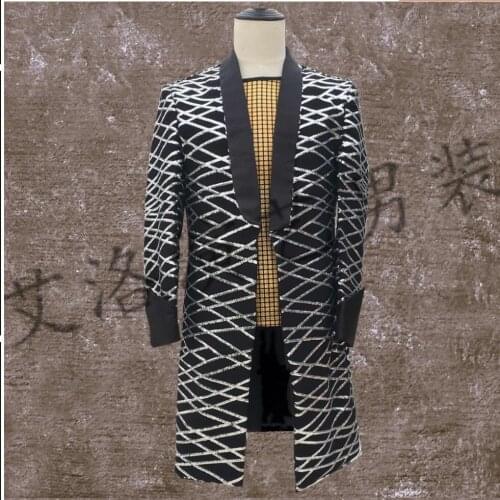 S-3xl New Mens Performance Clothing Bar Nightclub Ds Punk Singer Dj Blazers Jacket Checkered Long Sequined Suit Coat Costume