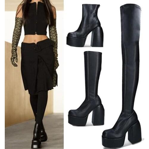 2021 Autumn Square Heels Platform Martin Boots Genuine Leather Stretch Over The Knee Boots Sexy Long Boots Botas Mujer Shoes