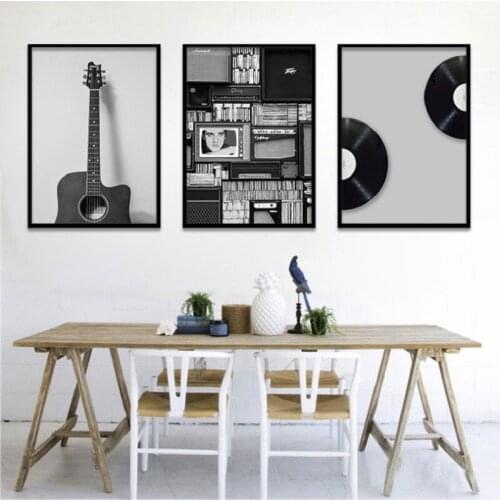 Nordic Fashion Canvas Paintings Wall Posters Black And White Vintage Guitar Wall Art Picture Home Decoration