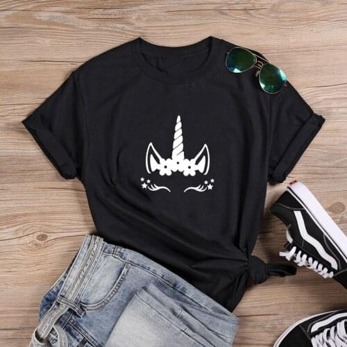 Unicorn Head Funny T Shirt Women Summer Short Sleeve Cotton Tshirt Women O-neck Camiseta Mujer White Tee Shirt Femme Tops