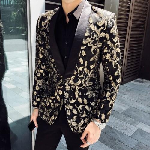 Jacquard Bronzing Gold Floral Blazer Men Party Stage Singer Costume Homme 2020 Brand New Mens Patchwork One Button Blazer Jacket
