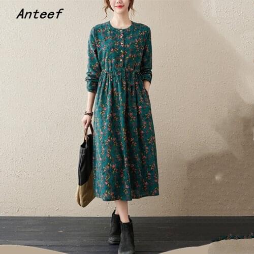 Anteef long sleeve cotton linen vintage floral dresses for women casual loose spring autumn dress elegant clothing 2021