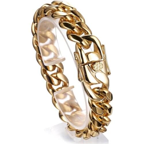 16mm New Stainless Steel Gold Tone Fashion Cuban Miami Drill Button Chain Men/Women Dragon Claw Buckle Bracelet Bangle 7-11inch