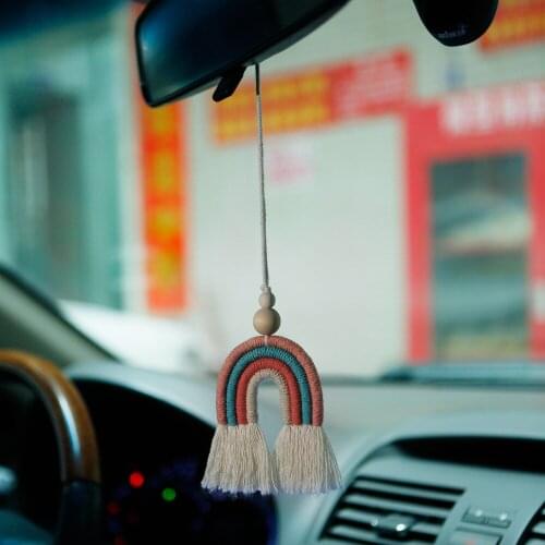 Wooden beads cotton thread car pendant hand-woven rainbow cute car rearview mirror home decoration wall hanging car assessoires