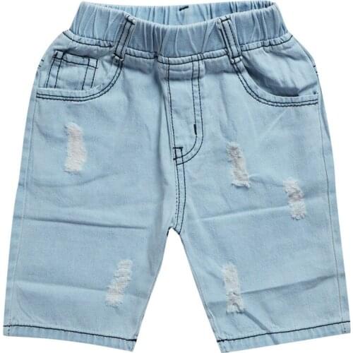 Boys Elastic Waist Denim Shorts Ripped Hollow Out Hole Streetwear 100-140cm Size Sky Blue Jean 2021 New Fashion Summer