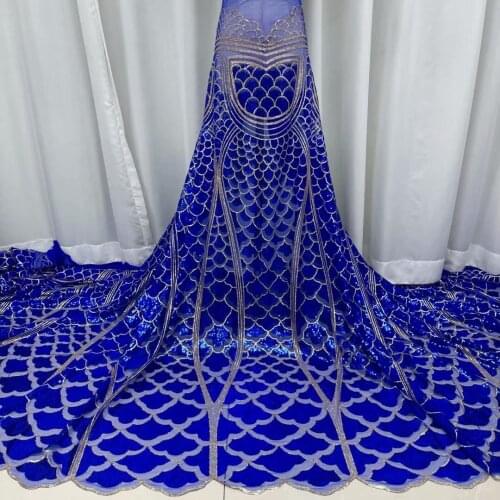 2021 Royal Blue French Net Lace Fabric With Sequins African Tulle Mesh Dentelle Material Nigerian Party Cloth For Sewing JN13