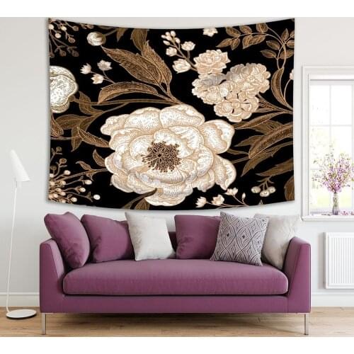 Tapestry White Peonies Gillyflowers Flowers Branches of Gold Foil on A Black Background Floral Classic Artwork Printed