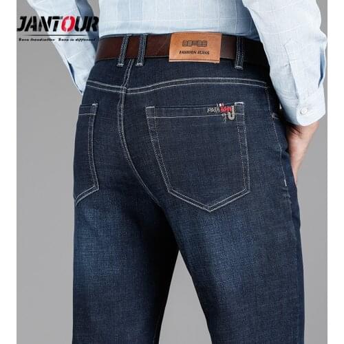 Jantour 2020 New Mens Jeans Business Casual Long Straight Middle Waist Pants Winter Thick Male Black Blue Big Size 40 42