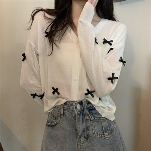 Cardigan Bow Thin Long-sleeved Sweater Womens Summer New Korean Style Loose Slim Short Top